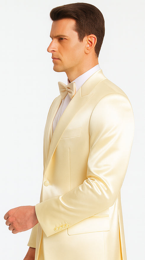 Men's Champagne Satin Double Breasted 3 Piece Skinny Fit Tazzio Suit with Peak Lapel and Matching Bowtie