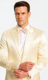 Men's Champagne Satin Double Breasted 3 Piece Skinny Fit Tazzio Suit with Peak Lapel and Matching Bowtie