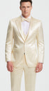 Men's Champagne Satin Double Breasted 3 Piece Skinny Fit Tazzio Suit with Peak Lapel and Matching Bowtie