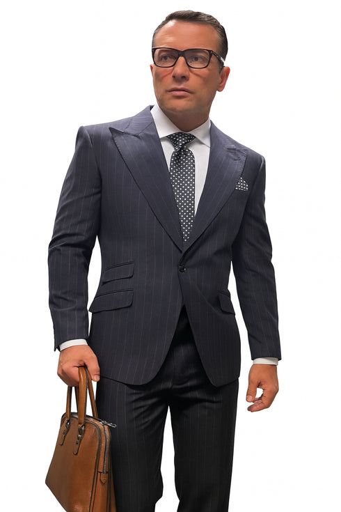 Statement Suits - Wool Suits - Peak Lapel Suits - Ticket Pocket - Modern Fit - Charcoal Stripe Suit