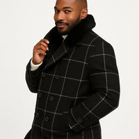 Mens Black Windowpane Check Wool Overcoat – Double-Breasted Winter Peacoat