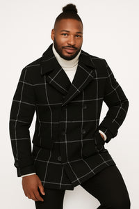 Mens Black Windowpane Check Wool Overcoat – Double-Breasted Winter Peacoat