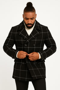 Mens Black Windowpane Check Wool Overcoat – Double-Breasted Winter Peacoat