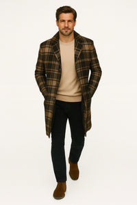 Mens Plaid Wool Overcoat – Khaki and Brown and Cream Check Pattern Winter Coat