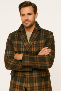 Mens Plaid Wool Overcoat – Khaki and Brown and Cream Check Pattern Winter Coat