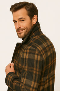 Mens Plaid Wool Overcoat – Khaki and Brown and Cream Check Pattern Winter Coat