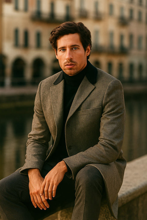 Herringbone Wool & Cashmere Chesterfield Overcoat – 1920s Full Length