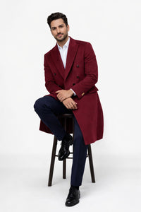 Mens Full Length Wool and Cashmere Overcoat - Winter Topcoats - Red Coat