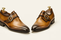 Mens Carrucci Classic Leather Fade Single D-Buckle Monk Strap Dress Shoe in Chestnut