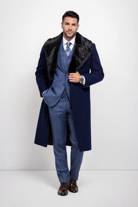 Dark Navy Blue Overcoat ~ Long men's Dress Topcoat - Winter coat With Fur Collar And Wool Fabric