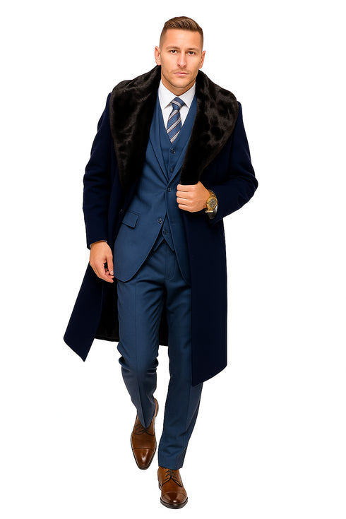Dark Navy Blue Overcoat ~ Long men's Dress Topcoat - Winter coat With Fur Collar And Wool Fabric