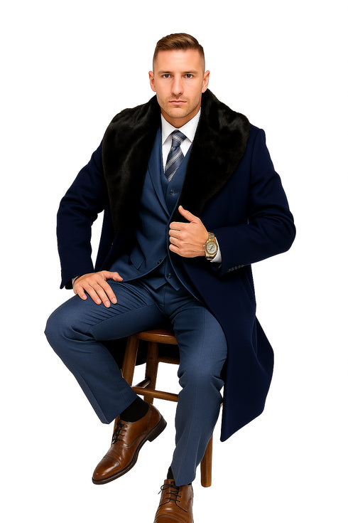 Dark Navy Blue Overcoat ~ Long men's Dress Topcoat - Winter coat With Fur Collar And Wool Fabric