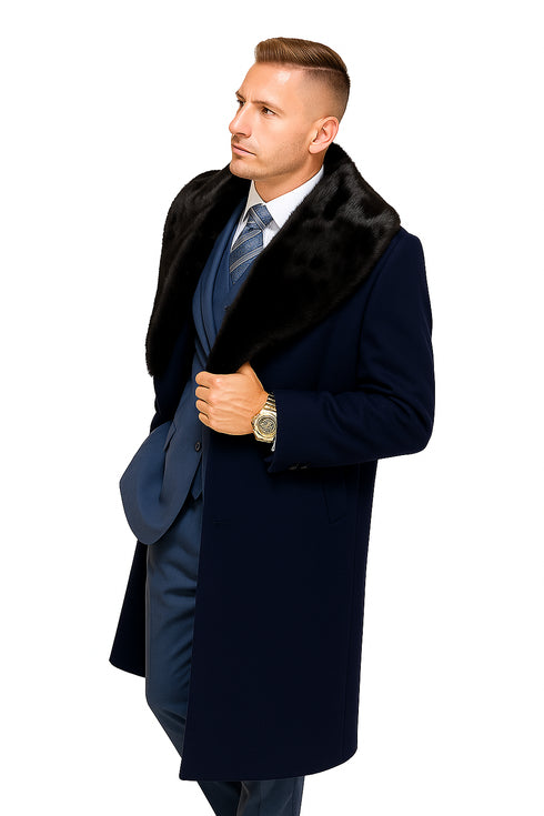 Dark Navy Blue Overcoat ~ Long men's Dress Topcoat - Winter coat With Fur Collar And Wool Fabric
