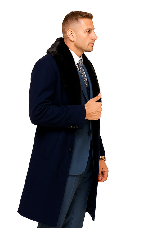 Dark Navy Blue Overcoat ~ Long men's Dress Topcoat - Winter coat With Fur Collar And Wool Fabric