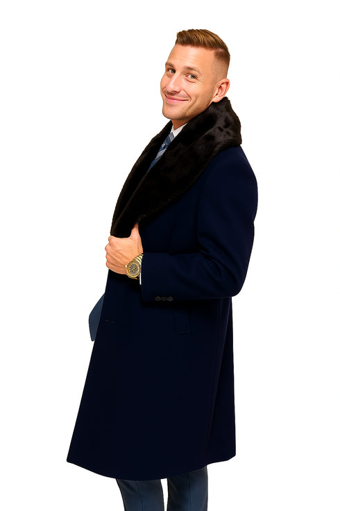 Dark Navy Blue Overcoat ~ Long men's Dress Topcoat - Winter coat With Fur Collar And Wool Fabric