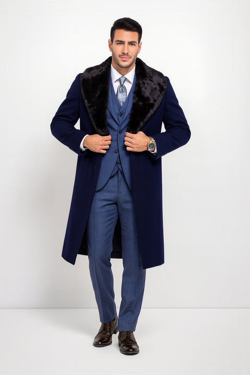Dark Navy Blue Overcoat ~ Long men's Dress Topcoat - Winter coat With Fur Collar And Wool Fabric