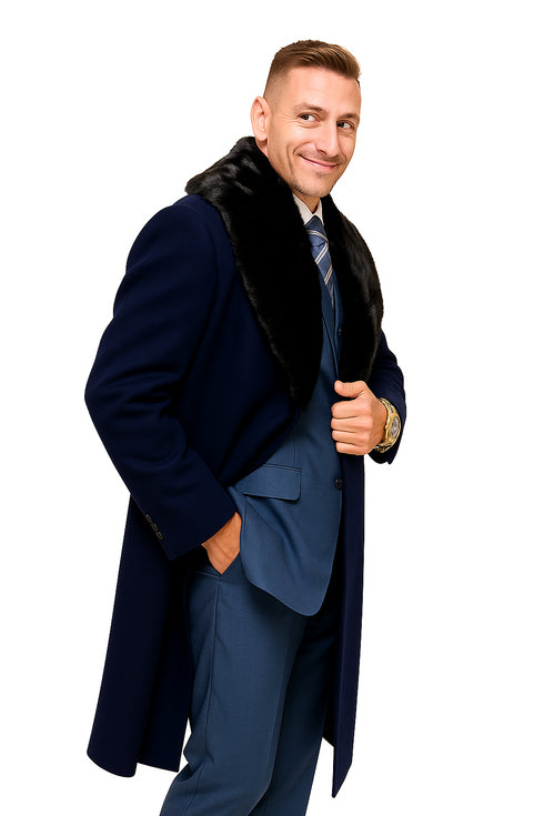 Dark Navy Blue Overcoat ~ Long men's Dress Topcoat - Winter coat With Fur Collar And Wool Fabric