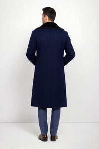 Dark Navy Blue Overcoat ~ Long men's Dress Topcoat - Winter coat With Fur Collar And Wool Fabric