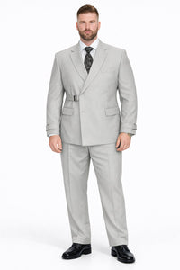 Men’s Light Grey Double Breasted Modern Designer Tailored Fit Wool Suit with Metal Buckle Closure