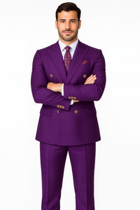 Mens Designer Modern Fit Double Breasted Wool Suit with Gold Buttons in Purple