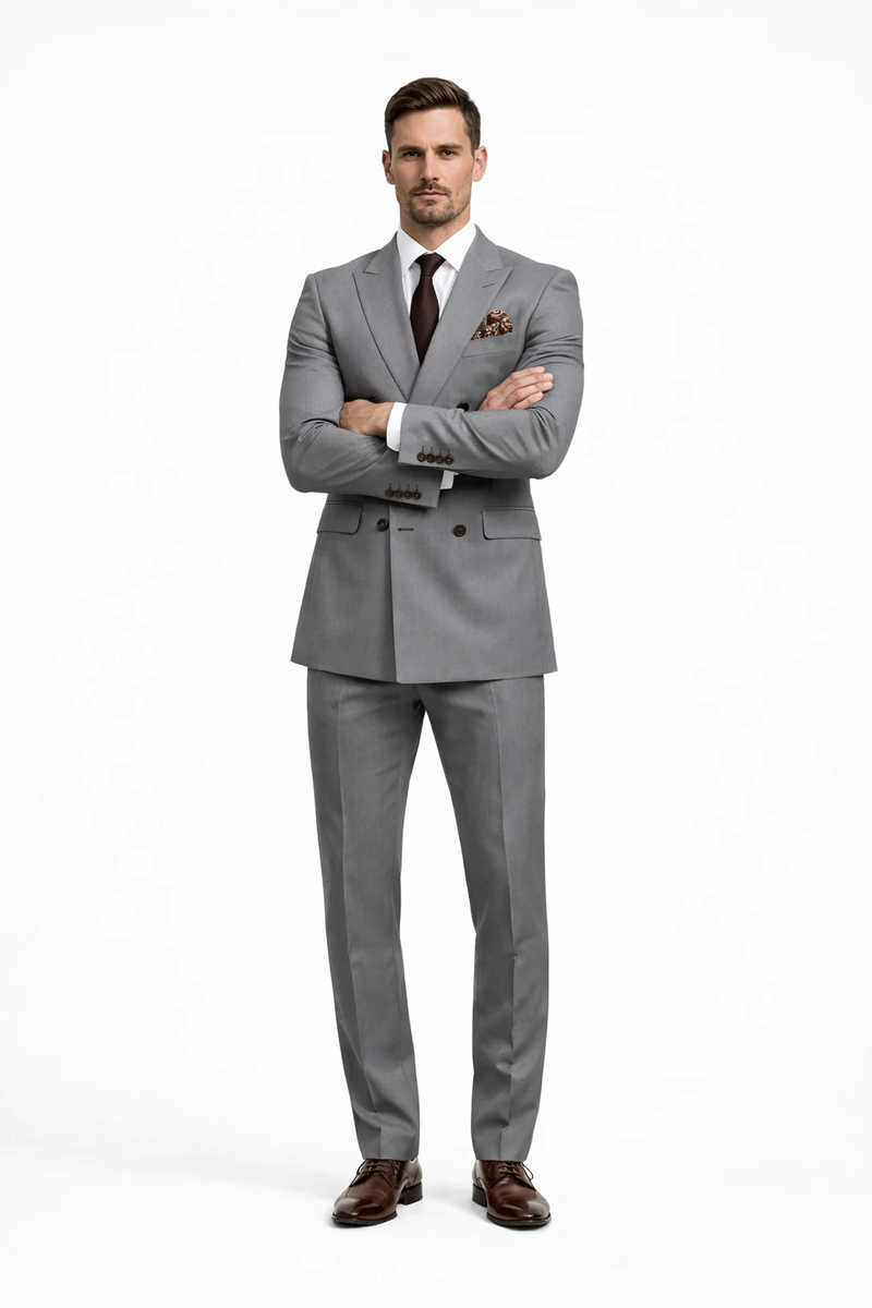 Double Breasted Slim Fit Suit - Dark Gray Suit