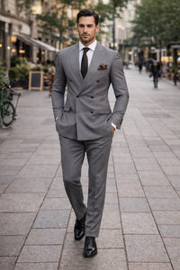 Double Breasted Slim Fit Suit - Dark Gray Suit - Tapred Fit Pants