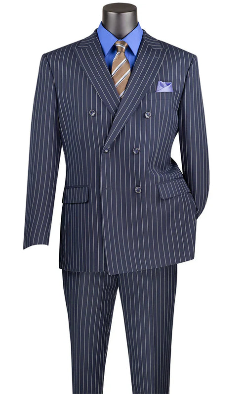 Rockefeller Collection - Double Breasted Stripe Suit Navy Regular Fit 2 Piece With Flexible Elastic Waistband