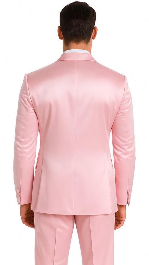 Tazzio Men's Dusty Rose Satin Double Breasted 3 Piece Skinny Fit Suit with Peak Lapel Vest and Matching Bowtie