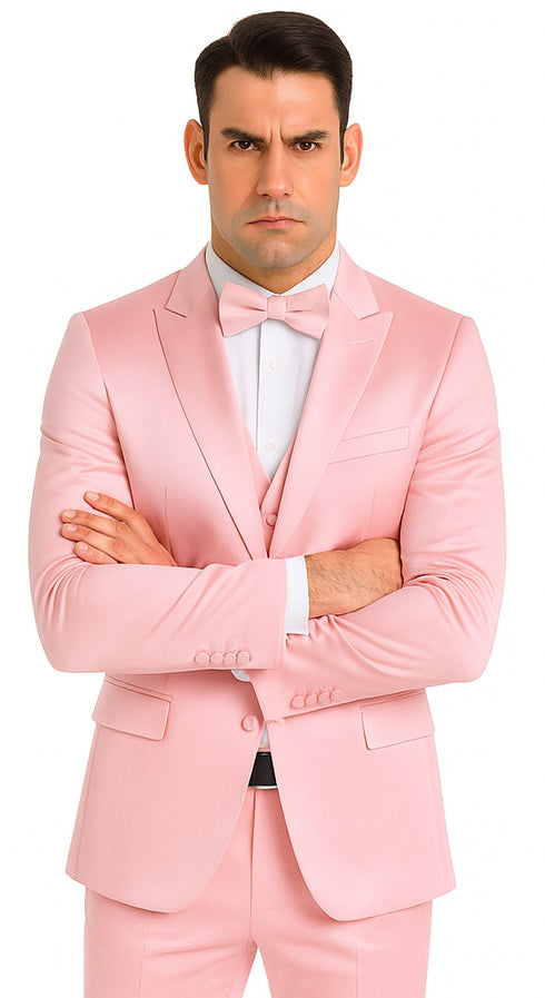 Tazzio Men's Dusty Rose Satin Double Breasted 3 Piece Skinny Fit Suit with Peak Lapel Vest and Matching Bowtie