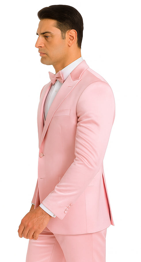 Tazzio Men's Dusty Rose Satin Double Breasted 3 Piece Skinny Fit Suit with Peak Lapel Vest and Matching Bowtie
