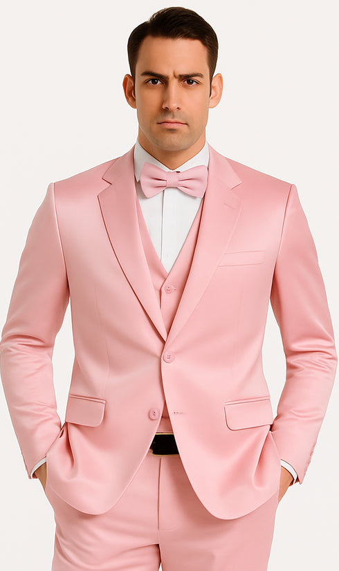 Tazzio Men's Dusty Rose Satin Double Breasted 3 Piece Skinny Fit Suit with Peak Lapel Vest and Matching Bowtie