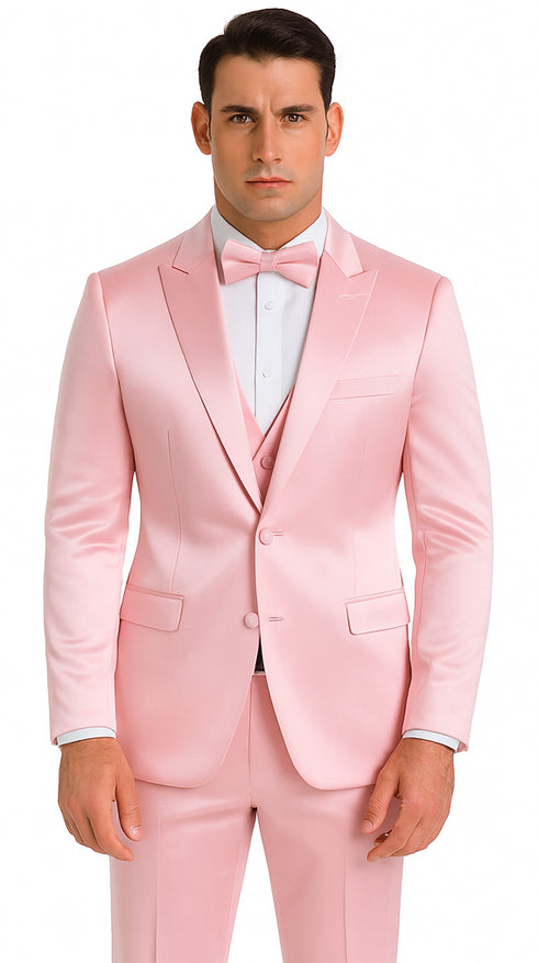 Tazzio Men's Dusty Rose Satin Double Breasted 3 Piece Skinny Fit Suit with Peak Lapel Vest and Matching Bowtie