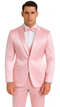 Tazzio Men's Dusty Rose Satin Double Breasted 3 Piece Skinny Fit Suit with Peak Lapel Vest and Matching Bowtie
