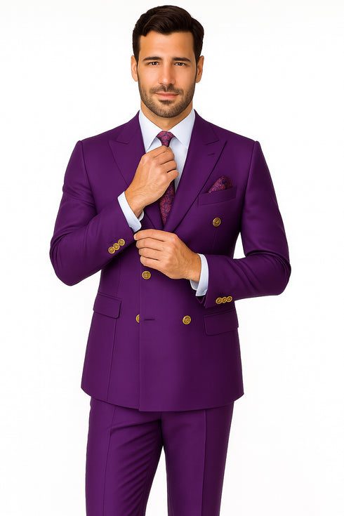 Mens Designer Modern Fit Double Breasted Wool Suit with Gold Buttons in Purple