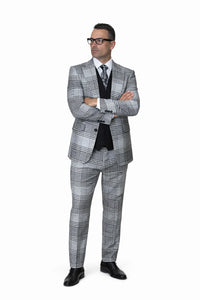 Statement Men’s 3-Piece Plaid Wool Suit – 100% Wool Modern Fit with Peak Lapel