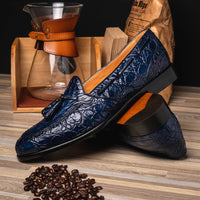 Zelli Franco Genuine Caiman Crocodile Tassel Loafers in Navy