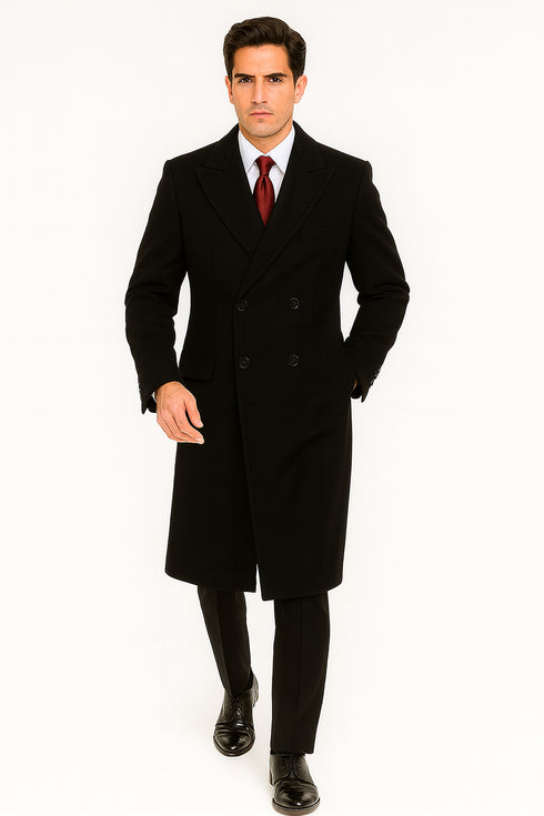 Full Length Mens Double Breasted Wool Overcoat - Black Topcoat