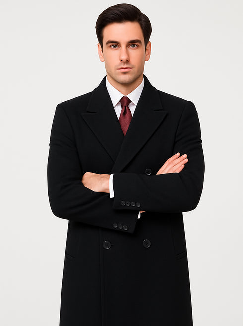 Full Length Mens Double Breasted Wool Overcoat - Black Topcoat