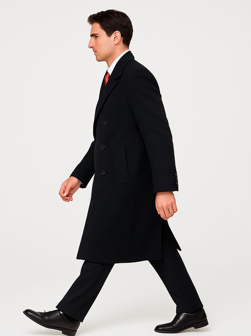 Full Length Mens Double Breasted Wool Overcoat - Black Topcoat
