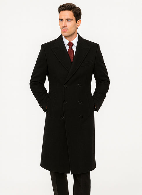 Full Length Mens Double Breasted Wool Overcoat - Black Topcoat