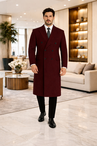 Fully Lined Dark Burgundy Wool Long Overcoat