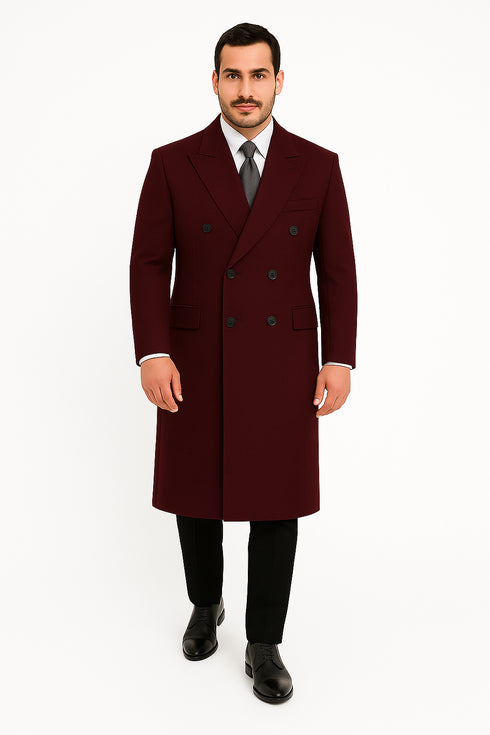 Fully Lined Dark Burgundy Wool Long Overcoat