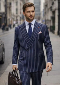 Statement Men's 2 Piece 100% Wool Modern Fit Pinstripe Suit - Double Breasted Jacket