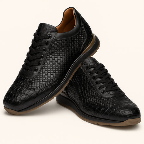 Marco Di Milano Roma Men's Shoes Black Genuine Caiman Crocodile / Woven Leather Fashion Sneakers