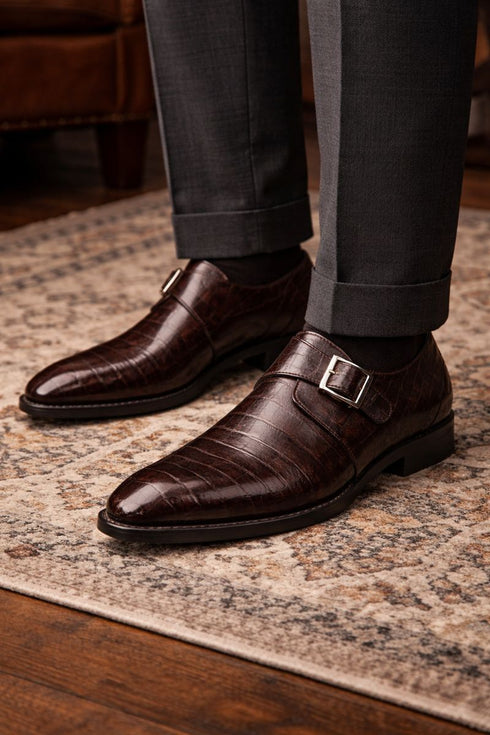 Gigolo Brown Crocodile Monk Strap Loafers By Mezlan Made In Spain Brand