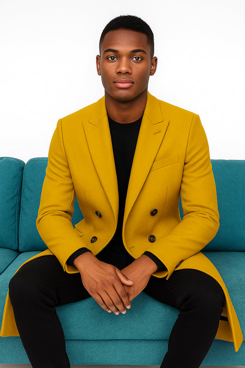 Men's Gold 44Inch Long Double Breasted Overcoat Winter Men's Topcoat Sale