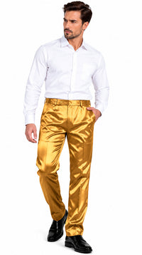 Mens Shiny Stretch Pants Solid Color Slim Fit Sateen Flashy Metallic Slacks in Color "Gold"