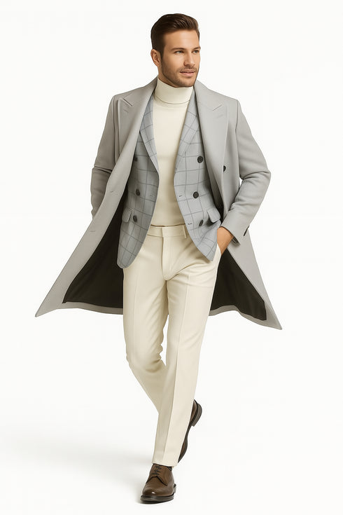 Men's Light Gray Double-Breasted Overcoat with Windowpane Vest – 3-Piece Wool Fabric By Alberto Nardoni