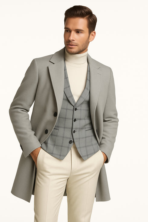 Men's Light Gray Double-Breasted Overcoat with Windowpane Vest – 3-Piece Wool Fabric By Alberto Nardoni