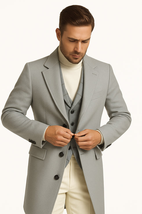 Men's Light Gray Double-Breasted Overcoat with Windowpane Vest – 3-Piece Wool Fabric By Alberto Nardoni